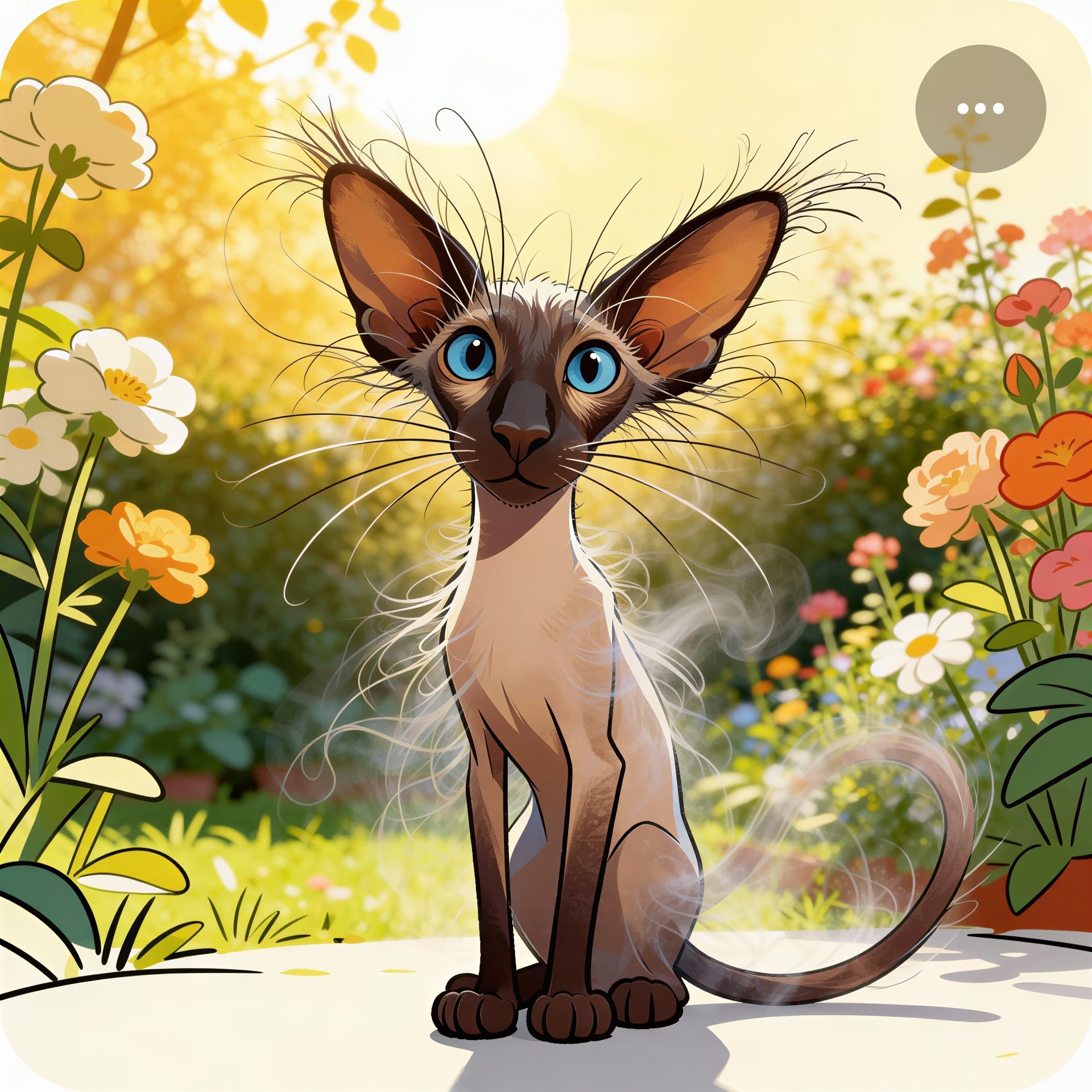 Large-eared cat with blue eyes in flower garden setting