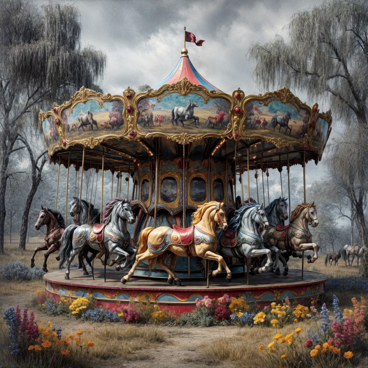 Ornate Carousel in a Dreamy Landscape with Horses