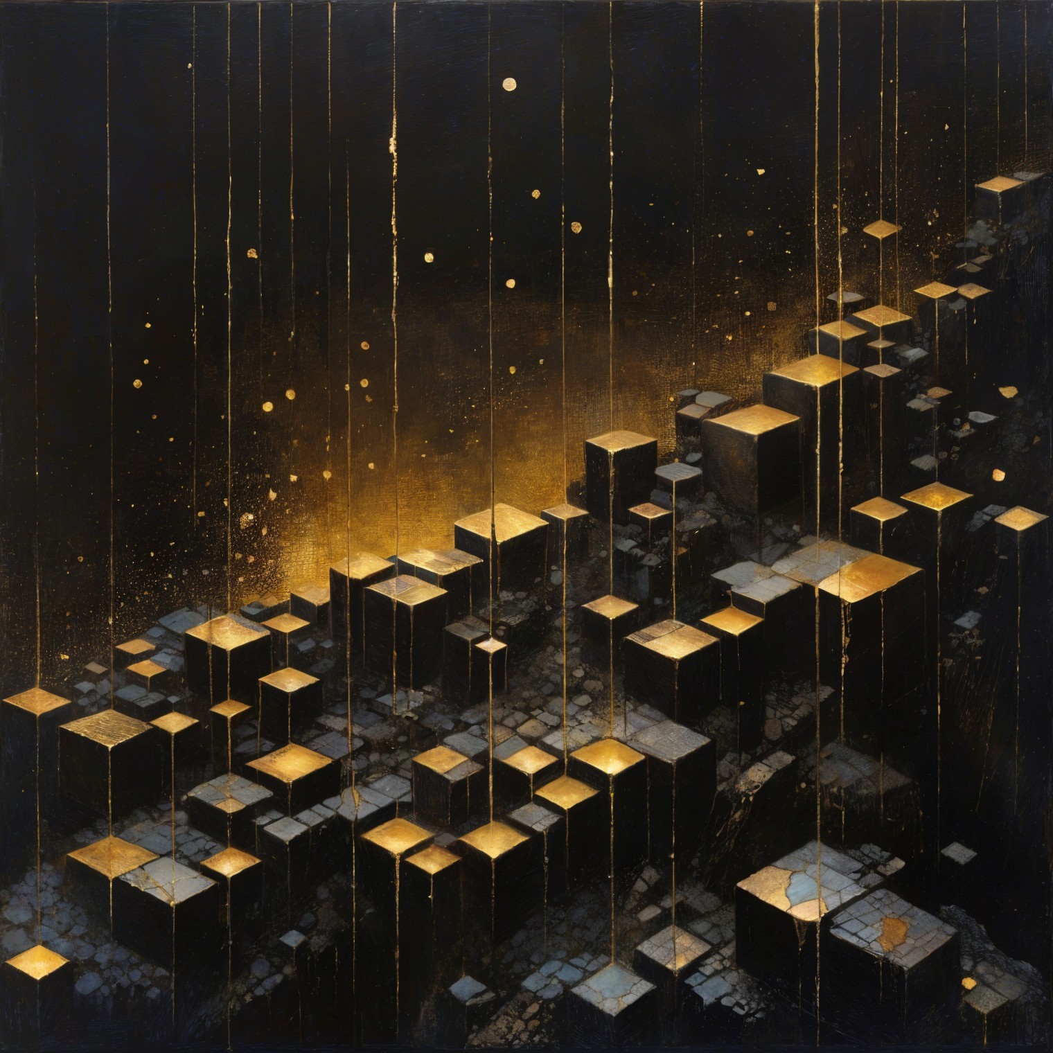 Three-Dimensional Cubes with Glowing Gold Accents