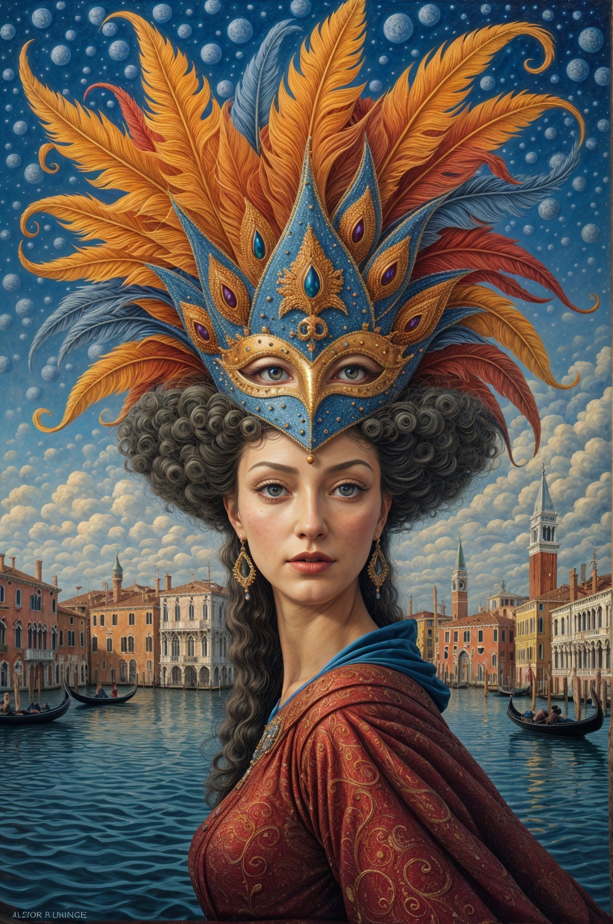 Elaborate Feathered Mask Against Venetian Backdrop