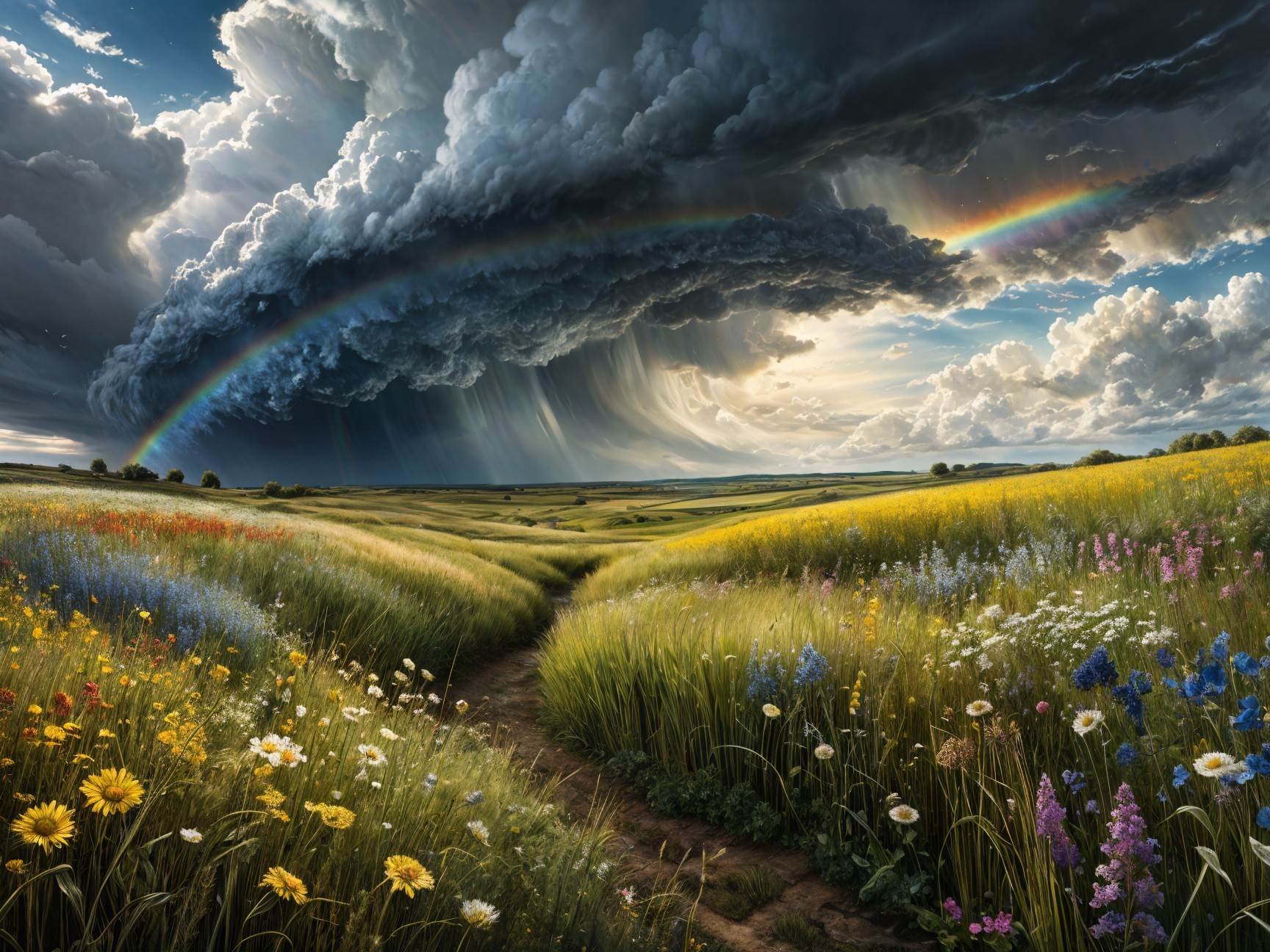 Vibrant Landscape with Rainbow and Wildflowers