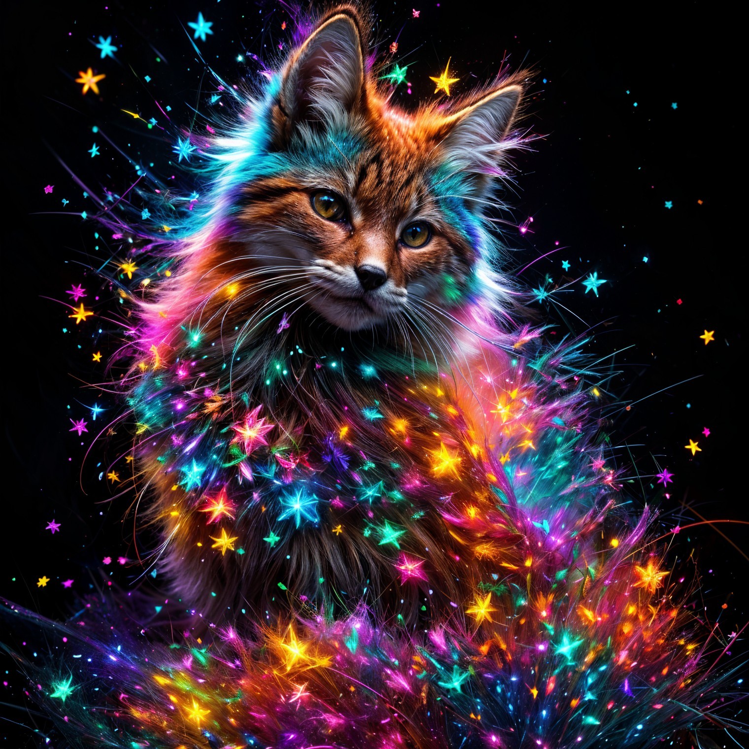 Majestic Cat Surrounded by Colorful Lights and Stars