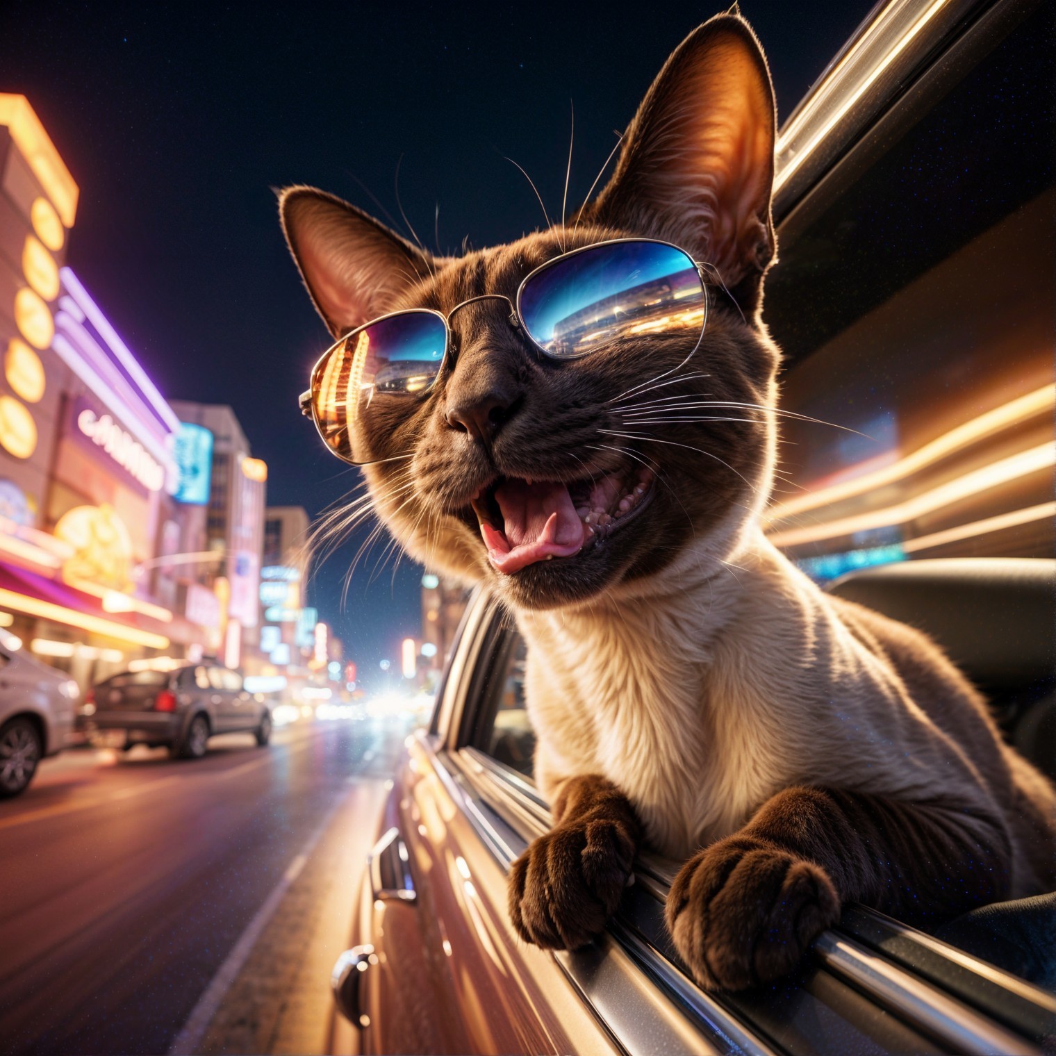 Playful Cat with Sunglasses in City Night Scene