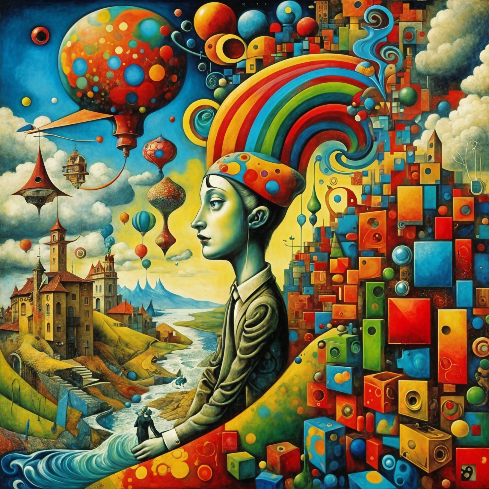 Surreal Landscape with Hot Air Balloons and Geometric Hills