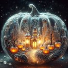 Carved Pumpkin with Glowing Castle and Fall Decor
