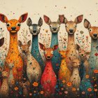 Stylized deer in illustrative forest setting with patterns