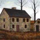 Rustic stone house in serene landscape with wildflowers