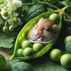 Mouse in a Pea Pod Surrounded by Green Foliage