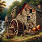 Rustic Scene with Wooden Wheel and Stone Building