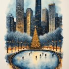 Winter City Scene with Skaters and Christmas Tree