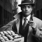Noir Scene of Man with Pastries in Alleyway