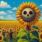 Sunflower Field with Pumpkin Face and Farmhouse Background