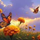 Monarch Butterflies in a Marigold Field at Sunset