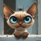 Whimsical Cat with Spider in a Window Scene