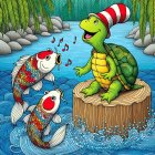Cheerful turtle with hat in vibrant pond scene
