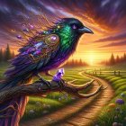 Iridescent Raven on a Twisted Branch at Sunset