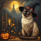 Cat in Witch Hat by Gothic Gate with Halloween Decor