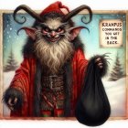 Krampus in Red Robe and Santa Hat in Snowy Landscape