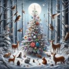 Winter Wonderland with Snowy Forest and Christmas Tree