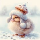 Fluffy Duckling in Snowy Landscape with Winter Hat