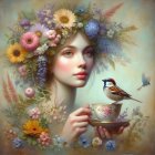 Serene Young Woman with Floral Crown and Teacup