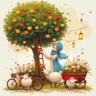 Young girl under apple tree in autumn landscape