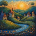 Vibrant Autumn Landscape with Winding River and Mountains