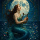 Serene Mermaid with Harp on Rocky Shoreline