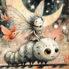 Whimsical Scene of Girl with Butterfly Wings and Caterpillar