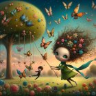 Whimsical Scene of a Girl in a Colorful Meadow