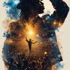 Silhouette of a Performer Against a Colorful Crowd