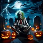 Whimsical Spooky Scene in a Graveyard with Jack-o'-lanterns