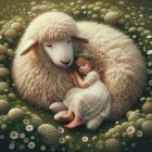 Serene Meadow with Sheep and Sleeping Child