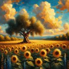 Sunflower Field with Majestic Tree and Sunset Sky