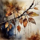 Abstract Square Painting of Snow-Covered Branch with Leaves