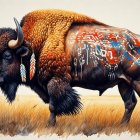 Bison in Colorful Tribal Patterns on Grassy Landscape