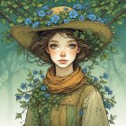 Young Woman in Straw Hat Surrounded by Nature's Beauty