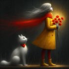 Girl in Yellow Coat with Poppies and White Cat