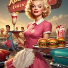 Retro Diner Scene with Waitress and Classic Cars