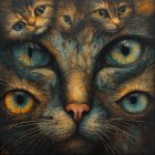 Stylized Cat Face with Vibrant Eyes and Colorful Fur