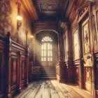 Rustic Hallway with Wooden Walls and Warm Lighting