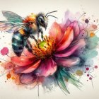 Watercolor Illustration of a Bee on a Pink Flower