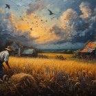 Surreal Landscape with Figures and Vibrant Sunset