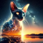 Majestic Cat Silhouette Against Cosmic Landscape