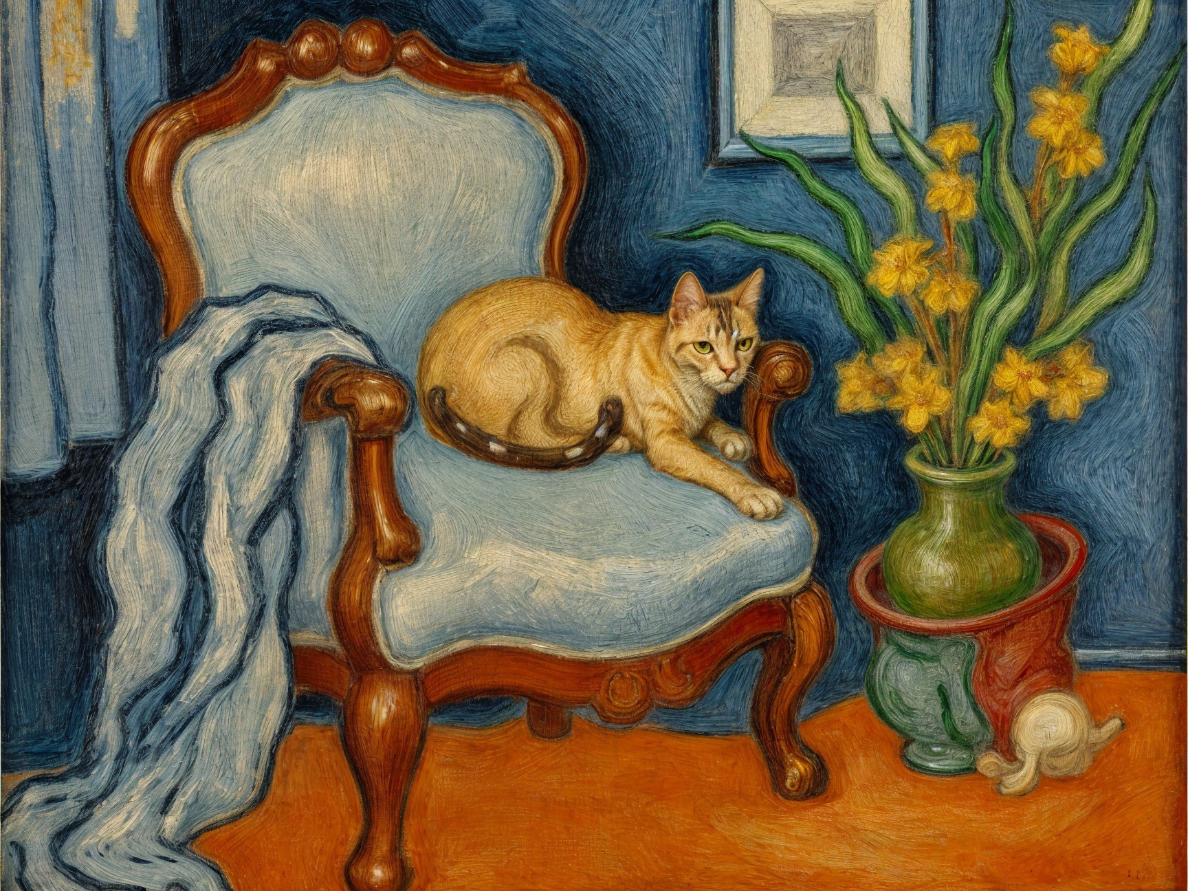 Cozy Interior with Cat on Vintage Blue Armchair