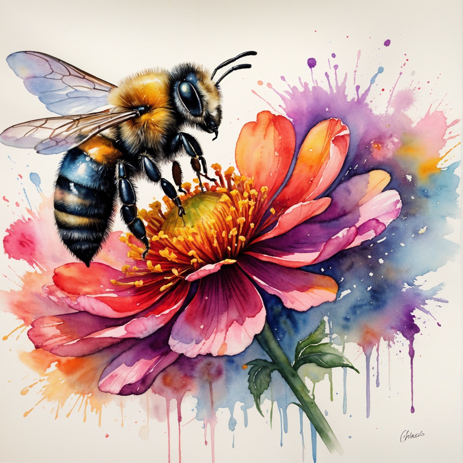 Watercolor Illustration of a Bee on a Pink Flower
