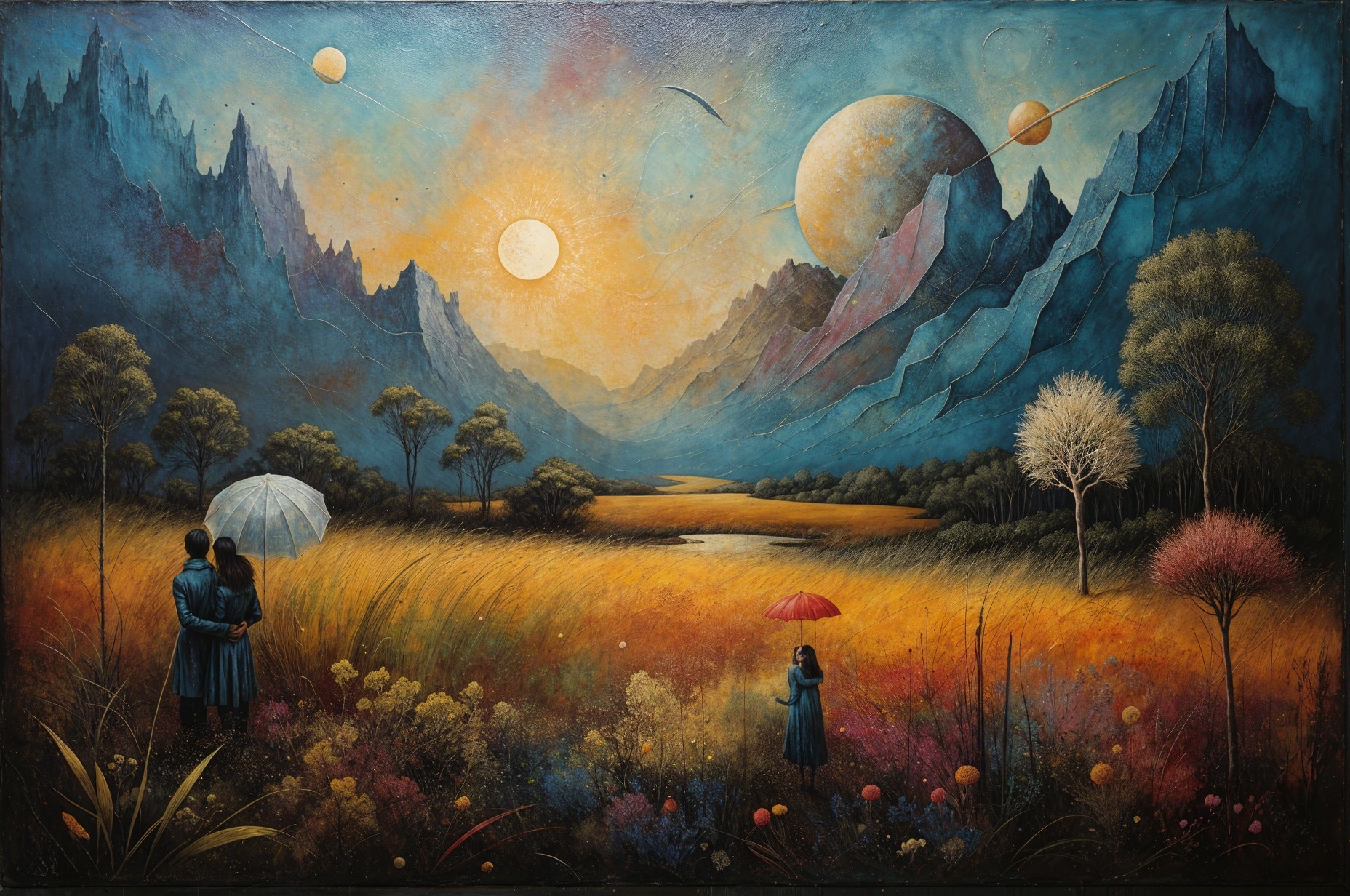 Surreal Landscape with Figures and Vibrant Sunset
