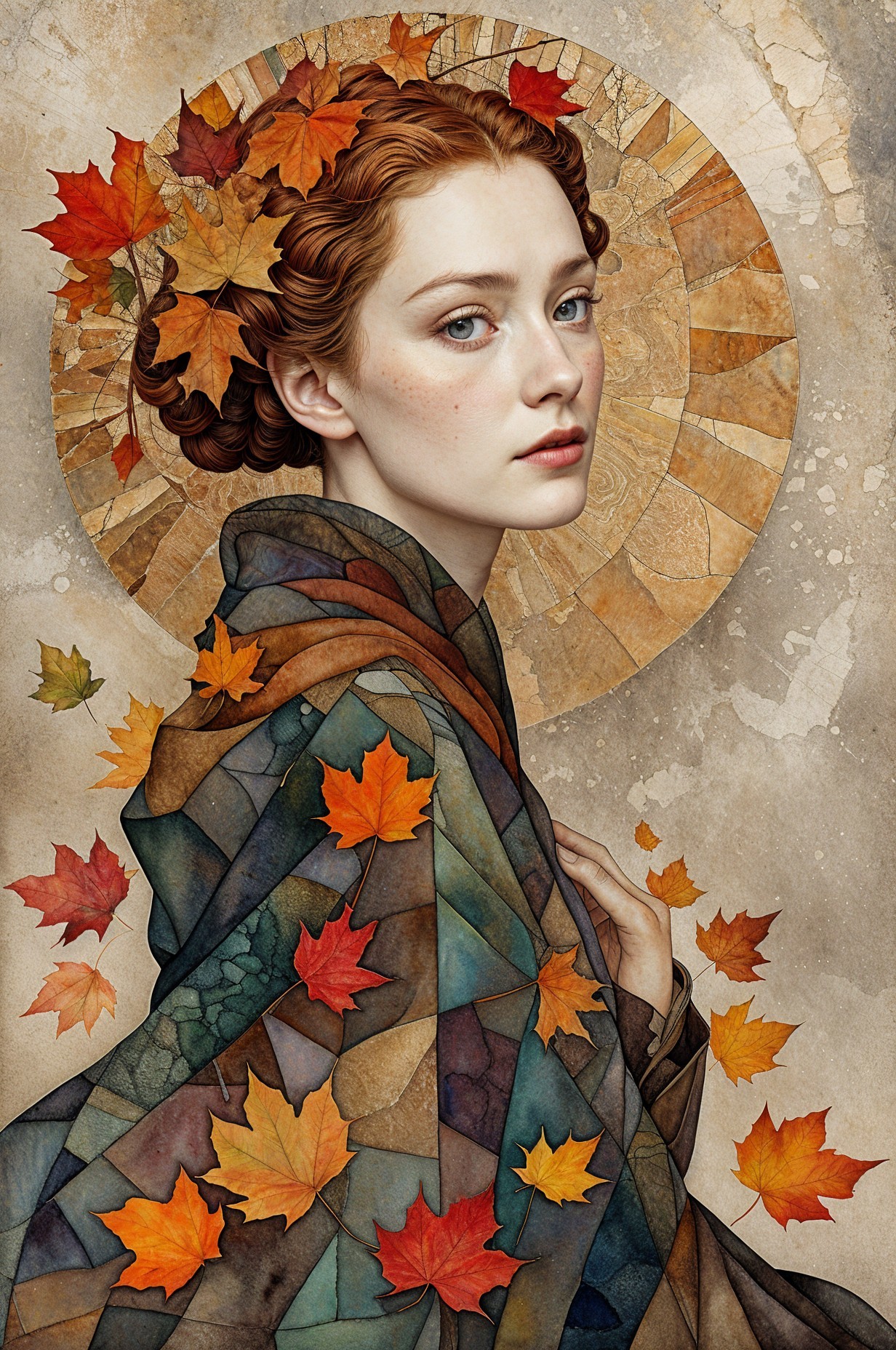 Portrait of a Young Woman with Autumn Leaves and Cloak