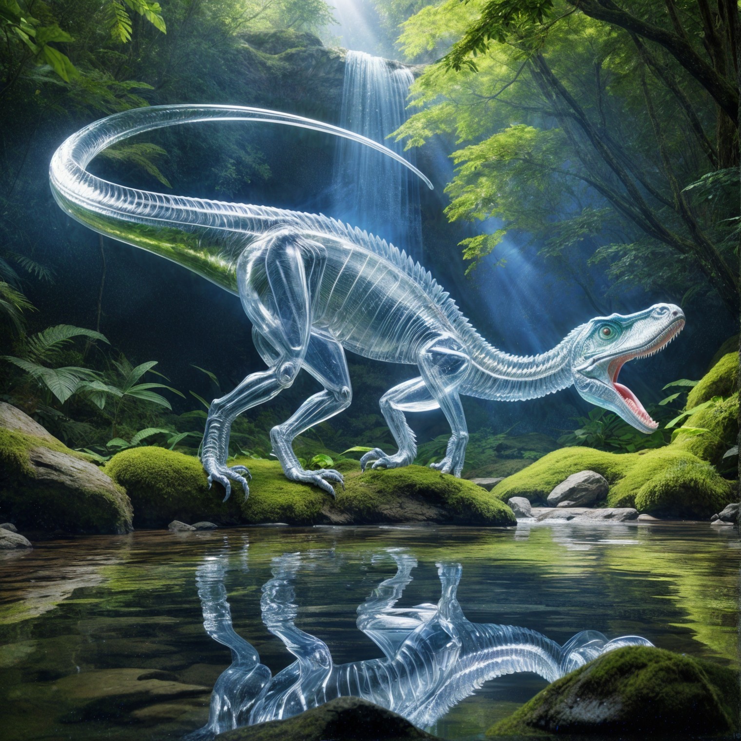 Translucent dinosaur near serene pond in enchanted forest