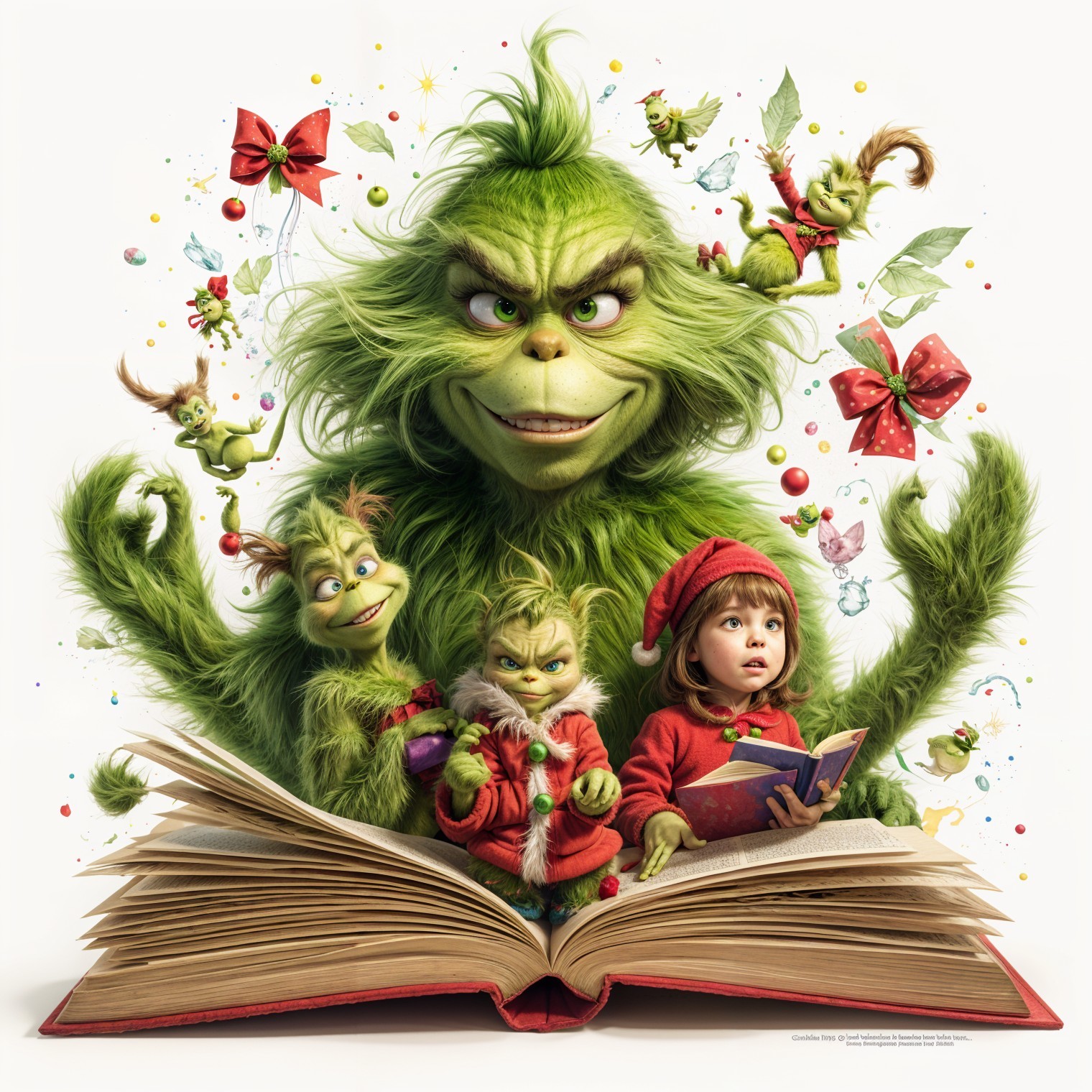 Whimsical Grinch Surrounded by Festive Characters